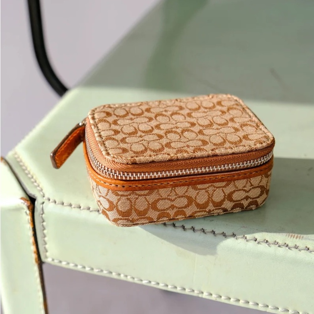 Vintage Coach Leather & Jacquard Canvas Signature Monogram Zip Top Keepsake Box